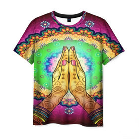 Мужская футболка 3D с принтом Meditation , 100% полиэфир | прямой крой, круглый вырез горловины, длина до линии бедер | 3d | indian | mandala | арт | йога | медитация | руки | узор | цветы