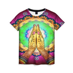 Женская футболка 3D с принтом Meditation , 100% полиэфир ( синтетическое хлопкоподобное полотно) | прямой крой, круглый вырез горловины, длина до линии бедер | 3d | indian | mandala | арт | йога | медитация | руки | узор | цветы