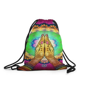 Рюкзак-мешок 3D с принтом Meditation , 100% полиэстер | плотность ткани — 200 г/м2, размер — 35 х 45 см; лямки — толстые шнурки, застежка на шнуровке, без карманов и подкладки | 3d | indian | mandala | арт | йога | медитация | руки | узор | цветы