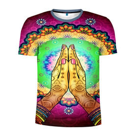 Мужская футболка 3D спортивная с принтом Meditation , 100% полиэстер с улучшенными характеристиками | приталенный силуэт, круглая горловина, широкие плечи, сужается к линии бедра | 3d | indian | mandala | арт | йога | медитация | руки | узор | цветы