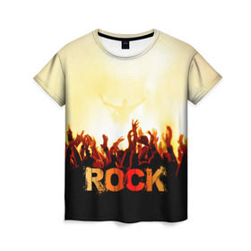 Женская футболка 3D с принтом Rock концерт , 100% полиэфир ( синтетическое хлопкоподобное полотно) | прямой крой, круглый вырез горловины, длина до линии бедер | rock | в толпу | гитара | группа | дым | жанр | концерт | металл | музыка | надпись | панк | певец | песня | прыжок | рок | рок н рол | руки | стиль | хард | хой | я люблю рок