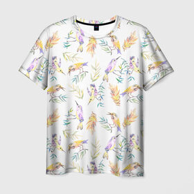Мужская футболка 3D с принтом Пташки , 100% полиэфир | прямой крой, круглый вырез горловины, длина до линии бедер | Тематика изображения на принте: bird | birds | feather | spring | весна | ветка | перья | птицы | птички