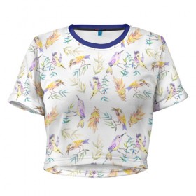 Женская футболка 3D укороченная с принтом Пташки , 100% полиэстер | круглая горловина, длина футболки до линии талии, рукава с отворотами | bird | birds | feather | spring | весна | ветка | перья | птицы | птички