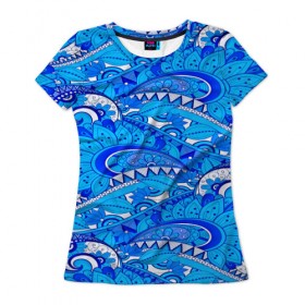 Женская футболка 3D с принтом Floral pattern , 100% полиэфир ( синтетическое хлопкоподобное полотно) | прямой крой, круглый вырез горловины, длина до линии бедер | 3d | абстракция | арт | волны | синий | узор | цветы