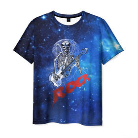 Мужская футболка 3D с принтом Мертвый гитарист , 100% полиэфир | прямой крой, круглый вырез горловины, длина до линии бедер | Тематика изображения на принте: rock | гитара | скелет | я люблю рок
