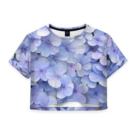 Женская футболка 3D укороченная с принтом Гортензия голубая , 100% полиэстер | круглая горловина, длина футболки до линии талии, рукава с отворотами | Тематика изображения на принте: hydrangea | лето | нежность | незабудка | цветы