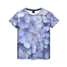Женская футболка 3D с принтом Гортензия голубая , 100% полиэфир ( синтетическое хлопкоподобное полотно) | прямой крой, круглый вырез горловины, длина до линии бедер | hydrangea | лето | нежность | незабудка | цветы