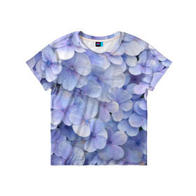 Детская футболка 3D с принтом Гортензия голубая , 100% гипоаллергенный полиэфир | прямой крой, круглый вырез горловины, длина до линии бедер, чуть спущенное плечо, ткань немного тянется | Тематика изображения на принте: hydrangea | лето | нежность | незабудка | цветы