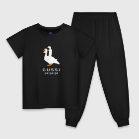 Детская пижама хлопок с принтом gussi , 100% хлопок |  брюки и футболка прямого кроя, без карманов, на брюках мягкая резинка на поясе и по низу штанин
 | Тематика изображения на принте: gucci | gusi | gussi | гуси | гучи | гуччи | прикол