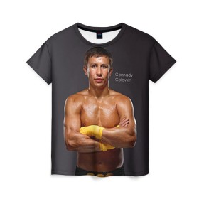 Женская футболка 3D с принтом Геннадий Головкин , 100% полиэфир ( синтетическое хлопкоподобное полотно) | прямой крой, круглый вырез горловины, длина до линии бедер | fighting | ggg | боец | боксер | борьба | драки