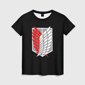 Женская футболка 3D с принтом Атака Титанов (эмблема) #9 , 100% полиэфир ( синтетическое хлопкоподобное полотно) | прямой крой, круглый вырез горловины, длина до линии бедер | attack on titan | shingeki no kyojin | белый | красный | чёрный | эмблема разведчиков
