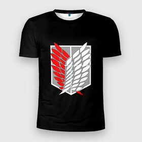 Мужская футболка 3D спортивная с принтом Атака Титанов (эмблема) #9 , 100% полиэстер с улучшенными характеристиками | приталенный силуэт, круглая горловина, широкие плечи, сужается к линии бедра | attack on titan | shingeki no kyojin | белый | красный | чёрный | эмблема разведчиков