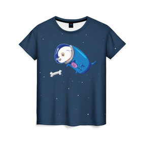 Женская футболка 3D с принтом Собачка в космосе , 100% полиэфир ( синтетическое хлопкоподобное полотно) | прямой крой, круглый вырез горловины, длина до линии бедер | звёзды | космонавт | космос | косточка | скафандр | собачка