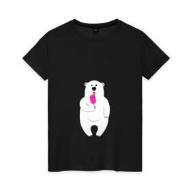 Женская футболка хлопок с принтом Медведь и мороженое , 100% хлопок | прямой крой, круглый вырез горловины, длина до линии бедер, слегка спущенное плечо | 
