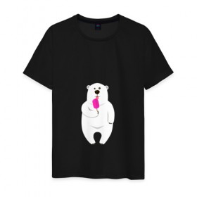 Мужская футболка хлопок с принтом Медведь и мороженое , 100% хлопок | прямой крой, круглый вырез горловины, длина до линии бедер, слегка спущенное плечо. | 