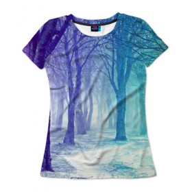 Женская футболка 3D с принтом Мрачный лес , 100% полиэфир ( синтетическое хлопкоподобное полотно) | прямой крой, круглый вырез горловины, длина до линии бедер | вечер | деревья | загадочный | зеленый | земля | зима | лес | необычный | природа | свет | свечение | сибирь | снег | тайга | фиолетовый | яркий