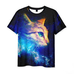 Мужская футболка 3D с принтом Звездный кот , 100% полиэфир | прямой крой, круглый вырез горловины, длина до линии бедер | звезды | кот | мордочка | темный
