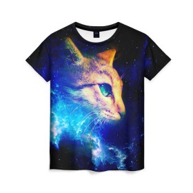 Женская футболка 3D с принтом Звездный кот , 100% полиэфир ( синтетическое хлопкоподобное полотно) | прямой крой, круглый вырез горловины, длина до линии бедер | звезды | кот | мордочка | темный