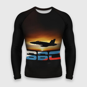 Мужской рашгард 3D с принтом Истребитель Су 57 на закате ,  |  | Тематика изображения на принте: самолет
