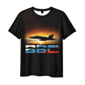 Мужская футболка 3D с принтом Истребитель ВВС на закате , 100% полиэфир | прямой крой, круглый вырез горловины, длина до линии бедер | самолет