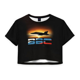 Женская футболка 3D укороченная с принтом Истребитель ВВС на закате , 100% полиэстер | круглая горловина, длина футболки до линии талии, рукава с отворотами | самолет