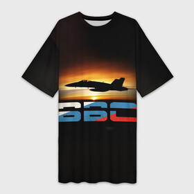 Платье-футболка 3D с принтом Истребитель Су 57 на закате ,  |  | самолет