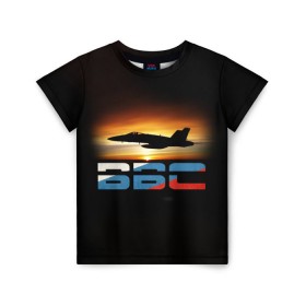 Детская футболка 3D с принтом Истребитель ВВС на закате , 100% гипоаллергенный полиэфир | прямой крой, круглый вырез горловины, длина до линии бедер, чуть спущенное плечо, ткань немного тянется | Тематика изображения на принте: самолет