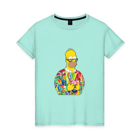 Женская футболка хлопок с принтом Homer , 100% хлопок | прямой крой, круглый вырез горловины, длина до линии бедер, слегка спущенное плечо | bart | homer | simpsons | барт | гомер | еда | мультфильм | отец | папа | пончик | радуга | симпсоны | спрингфилд | хиппи | цвет