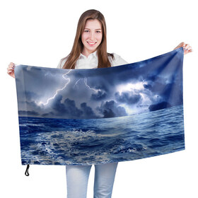 Флаг 3D с принтом Шторм , 100% полиэстер | плотность ткани — 95 г/м2, размер — 67 х 109 см. Принт наносится с одной стороны | брызги | буря | вода | волны | гроза | капли | красивое | молния | море | непогода | океан | природа | синее | стихия | тучи