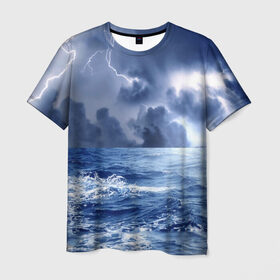 Мужская футболка 3D с принтом Шторм , 100% полиэфир | прямой крой, круглый вырез горловины, длина до линии бедер | брызги | буря | вода | волны | гроза | капли | красивое | молния | море | непогода | океан | природа | синее | стихия | тучи
