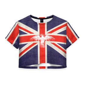Женская футболка 3D укороченная с принтом Флаг Англии с белым орлом , 100% полиэстер | круглая горловина, длина футболки до линии талии, рукава с отворотами | london | англия | белый | брызги | великобритания | империя | клякса | крылья | лондон | необычный | объеденное королевство | орел | птица | символ | сокол | туманный альбион | флаг
