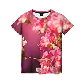Женская футболка 3D с принтом Сакура , 100% полиэфир ( синтетическое хлопкоподобное полотно) | прямой крой, круглый вырез горловины, длина до линии бедер | Тематика изображения на принте: 3d | flower | nature | pink | sakura | весна | деревья | природа | розовый | сакура | цветы | япония
