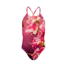 Детский купальник 3D с принтом Сакура , Полиэстер 85%, Спандекс 15% | Слитный крой, подклад по переду изделия, узкие бретели | 3d | flower | nature | pink | sakura | весна | деревья | природа | розовый | сакура | цветы | япония