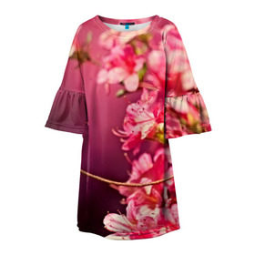 Детское платье 3D с принтом Сакура , 100% полиэстер | прямой силуэт, чуть расширенный к низу. Круглая горловина, на рукавах — воланы | Тематика изображения на принте: 3d | flower | nature | pink | sakura | весна | деревья | природа | розовый | сакура | цветы | япония