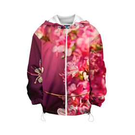 Детская куртка 3D с принтом Сакура , 100% полиэстер | застежка — молния, подол и капюшон оформлены резинкой с фиксаторами, по бокам — два кармана без застежек, один потайной карман на груди, плотность верхнего слоя — 90 г/м2; плотность флисового подклада — 260 г/м2 | Тематика изображения на принте: 3d | flower | nature | pink | sakura | весна | деревья | природа | розовый | сакура | цветы | япония