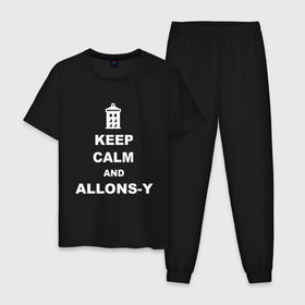 Мужская пижама хлопок с принтом Keep calm and allons-y , 100% хлопок | брюки и футболка прямого кроя, без карманов, на брюках мягкая резинка на поясе и по низу штанин
 | keep calm | арт | доктор кто | надпись | сериал | сохраняйте спокойствие | тардис | фильмы