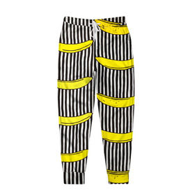 Мужские брюки 3D с принтом Бананы на Полосатом Фоне , 100% полиэстер | манжеты по низу, эластичный пояс регулируется шнурком, по бокам два кармана без застежек, внутренняя часть кармана из мелкой сетки | банана | бананчик | вкусный | желтый | спелый | фрукт
