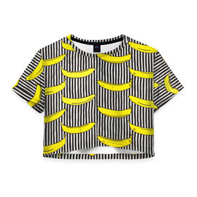 Женская футболка 3D укороченная с принтом Бананы на Полосатом Фоне , 100% полиэстер | круглая горловина, длина футболки до линии талии, рукава с отворотами | банана | бананчик | вкусный | желтый | спелый | фрукт