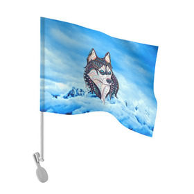 Флаг для автомобиля с принтом Siberian Husky , 100% полиэстер | Размер: 30*21 см | at | bowwow | dog | hound | pooch | арт | гончая | гончая собака | горы | деревья | лес | снег | собака | хаски | холод