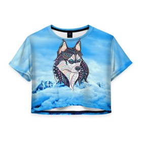 Женская футболка 3D укороченная с принтом Siberian Husky , 100% полиэстер | круглая горловина, длина футболки до линии талии, рукава с отворотами | at | bowwow | dog | hound | pooch | арт | гончая | гончая собака | горы | деревья | лес | снег | собака | хаски | холод