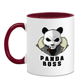 Кружка двухцветная с принтом Panda Boss , керамика | объем — 330 мл, диаметр — 80 мм. Цветная ручка и кайма сверху, в некоторых цветах — вся внутренняя часть | банда | большой | босс | важный | главарь | главный | директор | крутой | круче всех | лидер | мех | панда | россия | русский | самый | супер | трубка | шуба