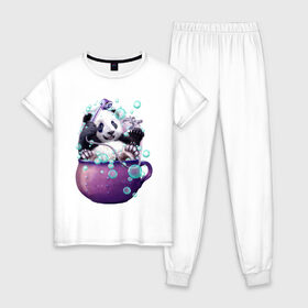 Женская пижама хлопок с принтом Панда , 100% хлопок | брюки и футболка прямого кроя, без карманов, на брюках мягкая резинка на поясе и по низу штанин | арт | ванная | пена | пузыри | рисунок