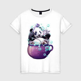 Женская футболка хлопок с принтом Панда , 100% хлопок | прямой крой, круглый вырез горловины, длина до линии бедер, слегка спущенное плечо | арт | ванная | пена | пузыри | рисунок