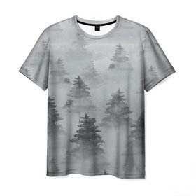 Мужская футболка 3D с принтом Туманный лес , 100% полиэфир | прямой крой, круглый вырез горловины, длина до линии бедер | Тематика изображения на принте: бор | вечер | деревья | елка | еловый | ель | загадочный | земля | зима | лес | мрачный | необычный | природа | серый | сибирь | снег | тайга | туман | хвойный