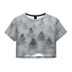 Женская футболка 3D укороченная с принтом Туманный лес , 100% полиэстер | круглая горловина, длина футболки до линии талии, рукава с отворотами | Тематика изображения на принте: бор | вечер | деревья | елка | еловый | ель | загадочный | земля | зима | лес | мрачный | необычный | природа | серый | сибирь | снег | тайга | туман | хвойный