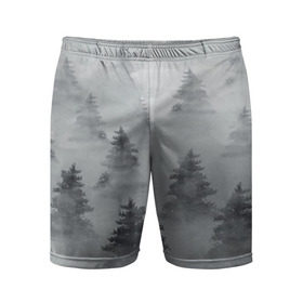 Мужские шорты 3D спортивные с принтом Туманный лес ,  |  | Тематика изображения на принте: бор | вечер | деревья | елка | еловый | ель | загадочный | земля | зима | лес | мрачный | необычный | природа | серый | сибирь | снег | тайга | туман | хвойный