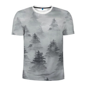 Мужская футболка 3D спортивная с принтом Туманный лес , 100% полиэстер с улучшенными характеристиками | приталенный силуэт, круглая горловина, широкие плечи, сужается к линии бедра | бор | вечер | деревья | елка | еловый | ель | загадочный | земля | зима | лес | мрачный | необычный | природа | серый | сибирь | снег | тайга | туман | хвойный