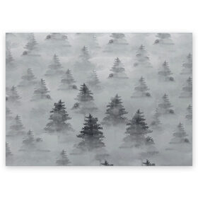 Поздравительная открытка с принтом Туманный лес , 100% бумага | плотность бумаги 280 г/м2, матовая, на обратной стороне линовка и место для марки
 | бор | вечер | деревья | елка | еловый | ель | загадочный | земля | зима | лес | мрачный | необычный | природа | серый | сибирь | снег | тайга | туман | хвойный