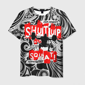 Мужская футболка 3D с принтом Powerlifting shut up and squat , 100% полиэфир | прямой крой, круглый вырез горловины, длина до линии бедер | powerlifting | shut up and squat | пауэрлифтинг