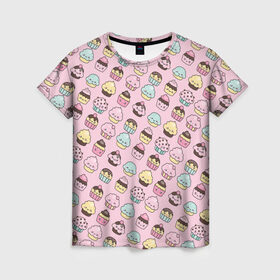 Женская футболка 3D с принтом Каваи Кексики , 100% полиэфир ( синтетическое хлопкоподобное полотно) | прямой крой, круглый вырез горловины, длина до линии бедер | аниме | вкусняшка | детский | еда | капкейки | лапуля | милота | милый | мимими | няша | розовый
